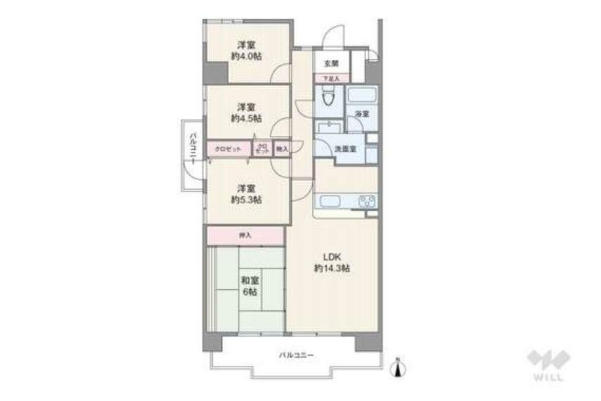 間取り図 間取りは専有面積85.54平米の4LDK。LDK約14.3帖の縦長リビングのプラン。複数方向に採光部があり、バルコニー面積は13.26平米です。