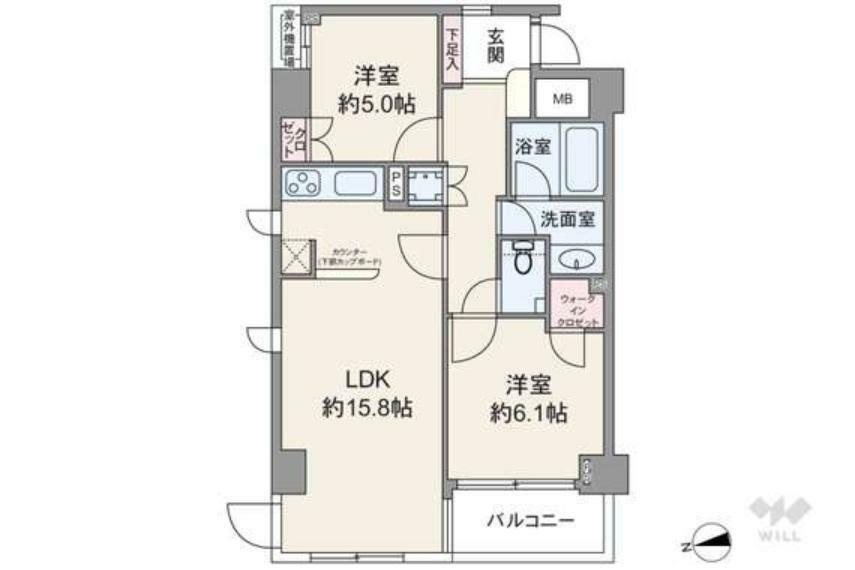 間取り図 間取りは専有面積62.62平米の2LDK。全居室洋室仕様の縦長リビングプラン。バルコニー側の洋室にはウォークインクロゼットが備え付けられています。