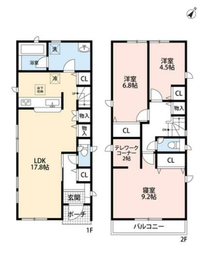 間取り図 オールフローリング3LDK。 1階LDKは17.8帖、リビング・キッチンに収納付き＾＾洗面室は広々＾＾ 2階は3洋室、主寝室は9.2帖＆2帖のテレワークコーナー付き＾＾
