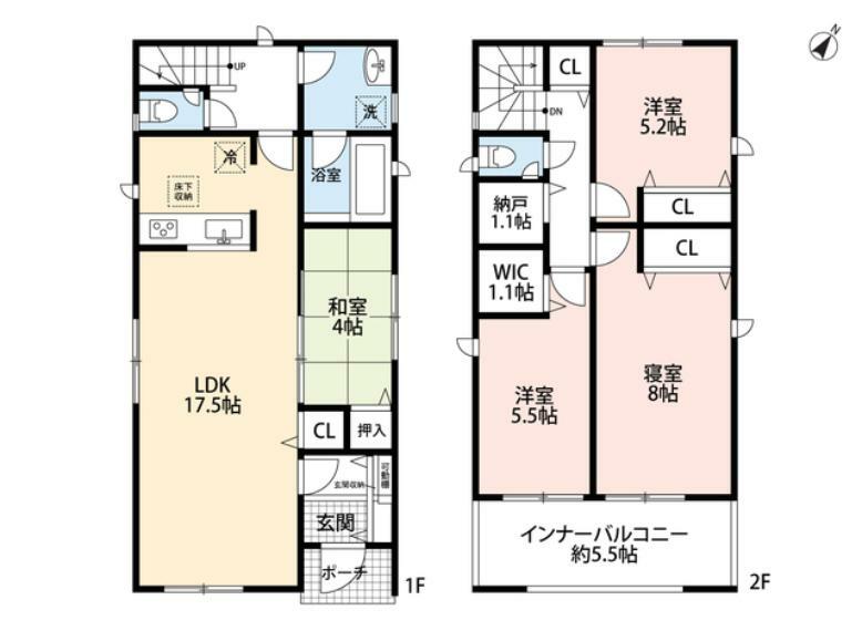 間取り図 和室含む4LDK。 1階はLDKと和室を合わせると21帖以上の大空間＾＾ 2階は3洋室と廊下に1.1帖の納戸付き＾＾