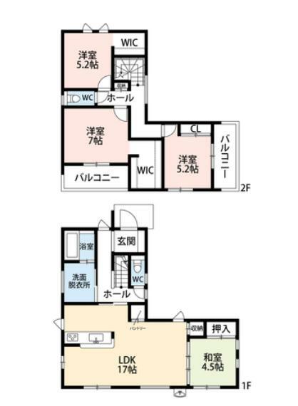 間取り図 和室含む4LDK。 1階は横長LDKと和室を合わせると21帖以上の大空間＾＾ 2階は3洋室、主寝室は7帖＆大容量WIC付き＾＾