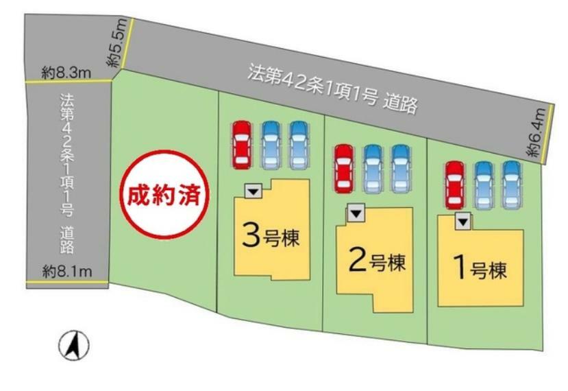 区画図 （2号棟）並列で3台駐車出来ます。4号棟成約済。