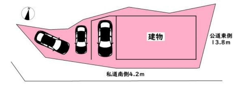 区画図 敷地面積:147.37平米　お車は3台駐車可能（車種による）