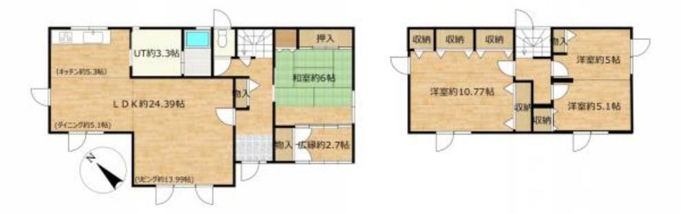 間取り図 【間取図】1階1部屋、2階3部屋の4LDK住宅。LDKは約24帖と解放感のある作りです。