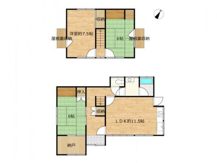 【間取図】3SLDKのお家です。1階の納戸や2階の屋根裏収納など、収納力に優れたお家です。