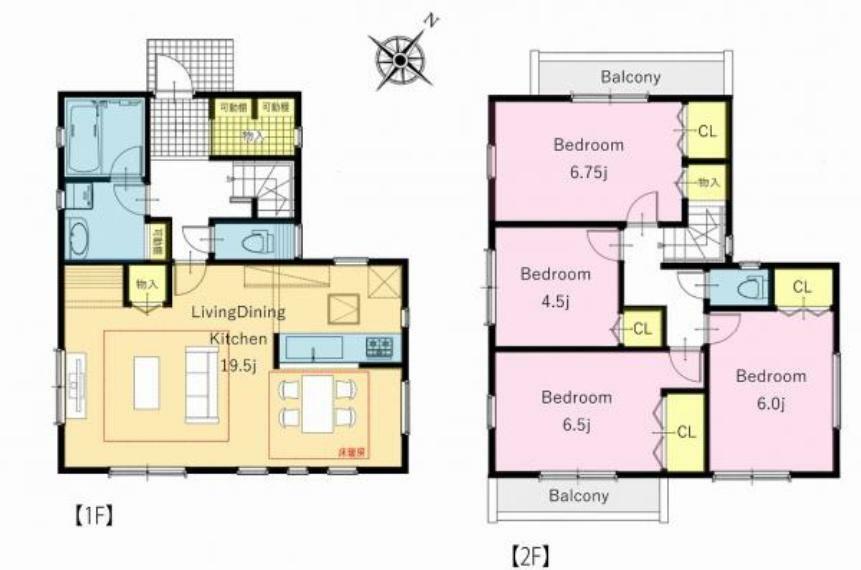 間取り図 1階がリビングで2階に4部屋あるスタンダートな間取り。家族と過ごすリビングは床暖房付きです。