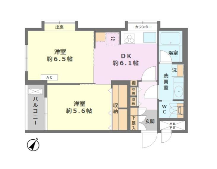 間取り図 ■1階部分の南西×北西の角住戸で採光・通風良好  ■専有面積:45.46平米の2DK