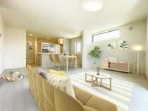リビング（家具はCGによるイメージです）ゆとりあるキッチンスペースを備えるリビングは、家族が1番くつろげる癒しの空間。（2024.5.5撮影）