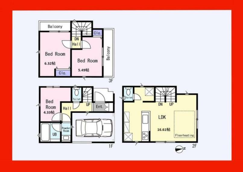 間取り図 延床面積:84.24m2＋車庫:9.93m2洋室と記載の居室に関して、建築基準法上では一部「納戸」扱いとなる可能性がございます。