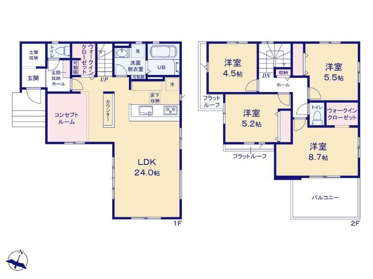 間取り図 ■2階に独立4部屋・主寝室8.7帖 ■大型バルコニーと豊富な収納自慢！