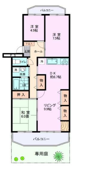 東武みずほ台サンライトマンション　もくれん2号棟(3LDK) 1階の間取り
