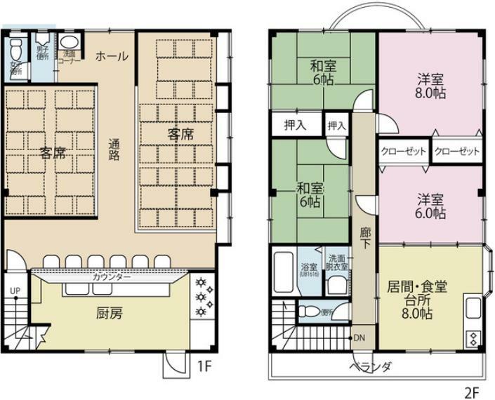 間取り図 1階部分は和の趣ひろがる店舗部分。2階は4DKの居宅です。リフォームして2世帯お住宅にも変更できます。