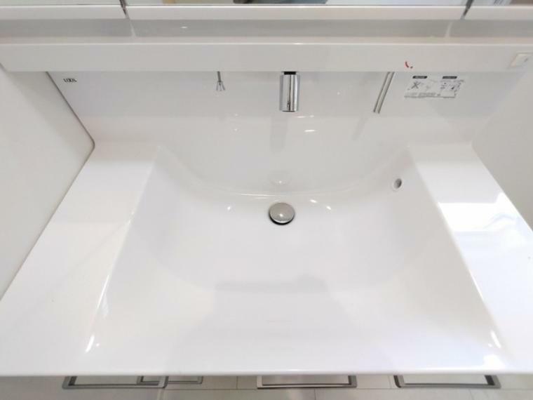 洗面化粧台 ワイドなボウルにハンドシャワー水栓が付いた洗面化粧台。