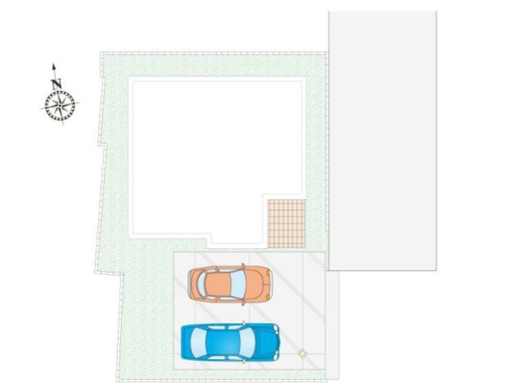 区画図 久喜市鷲宮5丁目（全4区画）2号棟　区画図 並列2台駐車可能です。南側隣地との境界ブロックまで約5.8m離れています。