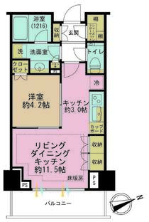 1LDK、専有面積40.66m2、バルコニー面積6.2m2