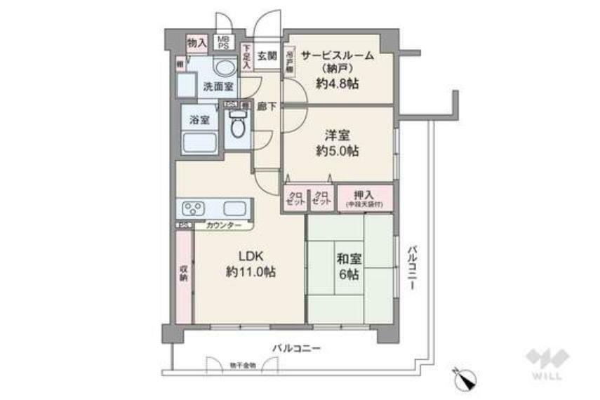間取り図 60.08平米の2SLDK。L字型のバルコニーに居室3部屋が面したワイドスパン。LDKと和室を繋げてより大きな空間としても使用可能。居室とLDKに収納付。バルコニー面積は17.18平米。