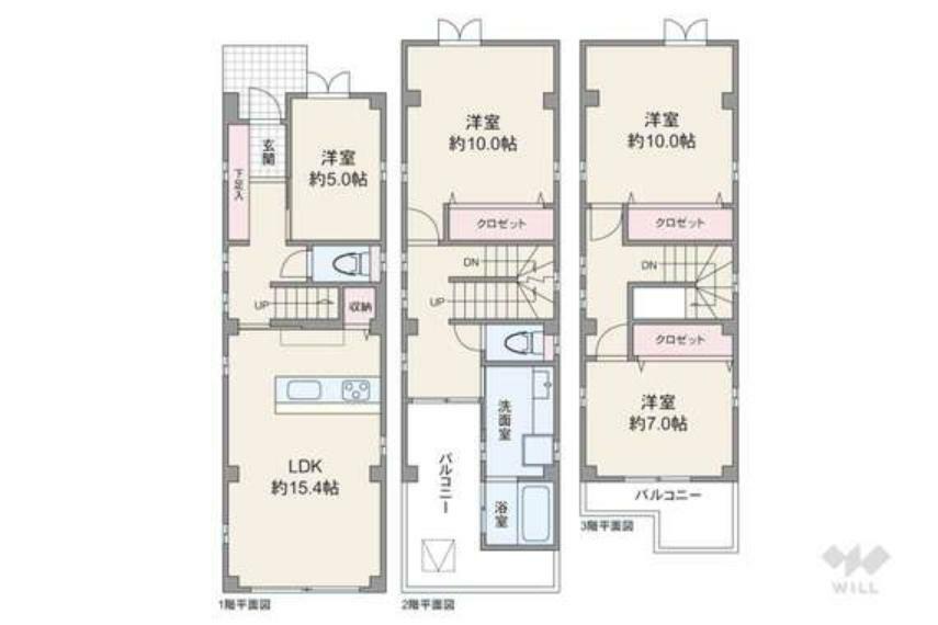 間取り図 間取りは延床面積128.69平米の4LDK。全居室洋室仕様のプラン。個室4部屋のうち3部屋が7帖以上の広さを確保したゆとりある造りです。