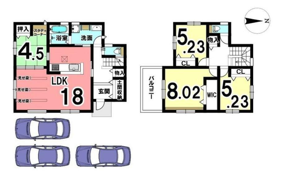 間取り図 スタディコーナーをもうけた和室や18帖の大きなリビングにご注目下さい！洗面室や玄関、2階廊下にも収納スペースを確保しております。
