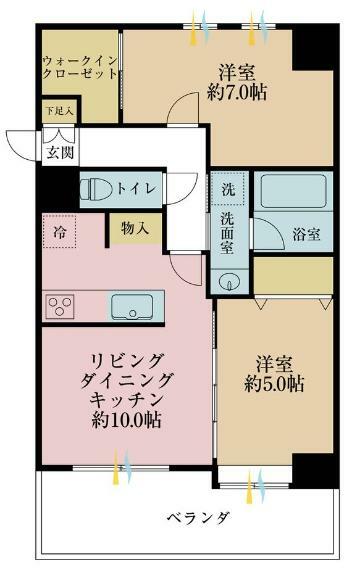 間取り図 2LDK、専有面積51.87平米、バルコニー面積10.26平米