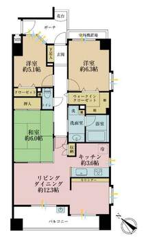 3LDK、専有面積75.38平米、バルコニー面積8.41平米