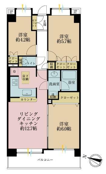 間取り図 3LDK、専有面積60.90平米、バルコニー面積調査中