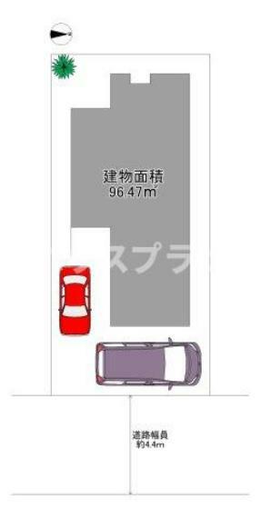 区画図 建物の面積と前面道路の広さを表した図面です。  こちらの物件は木造2階建ての構造となっており、  建物面積は96.47平米、約29.18坪です。  駐車スペースは2台分確保されています。