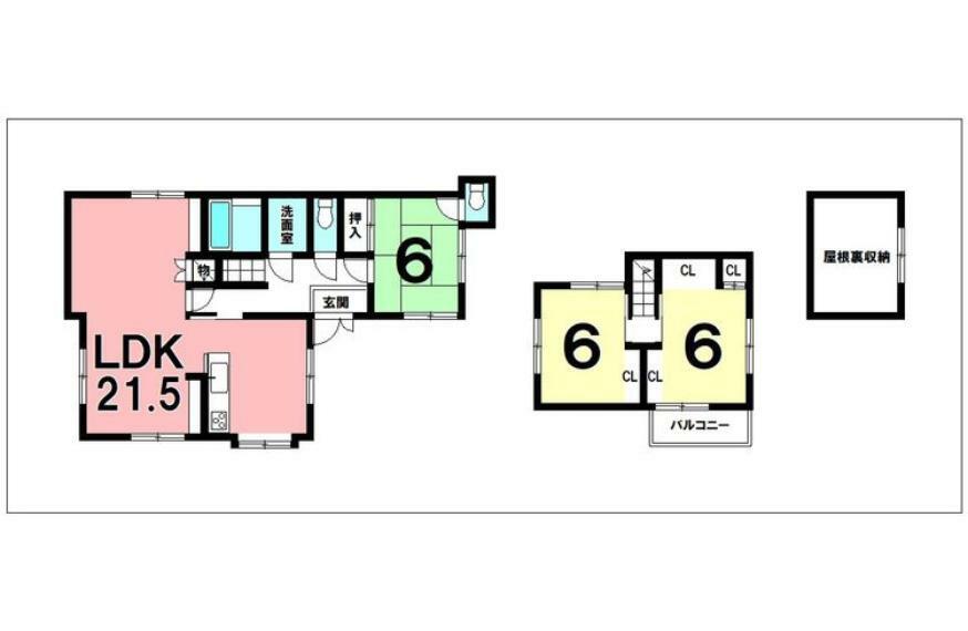 間取り図 3LDK＋屋根裏収納、各居室6帖以上、リフォーム渡し【建物面積102.78m2（31.09坪）】