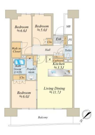 間取り図 72.88平米の3LDK＋WIC デッドスペースが少なく居室面積がしっかりと取れた間取りです。