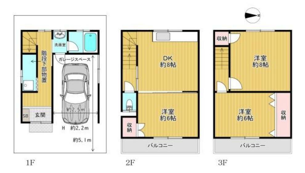 間取り図 【間取り】 3DK 使いやすい広さの居室3部屋 ガレージスペース有！