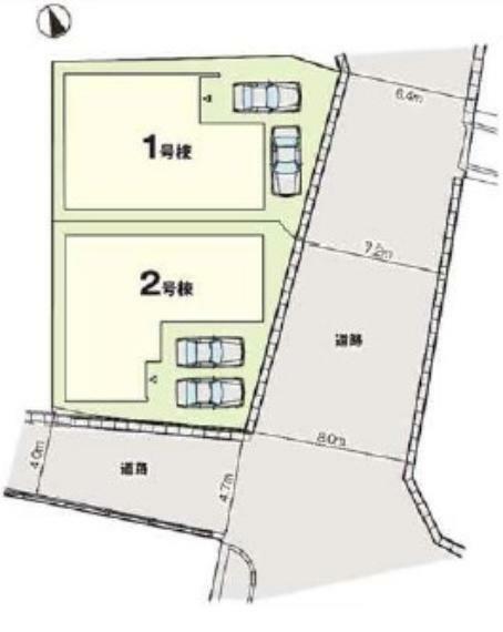 区画図 1号棟:配置図です。敷地内に2台駐車可能です。