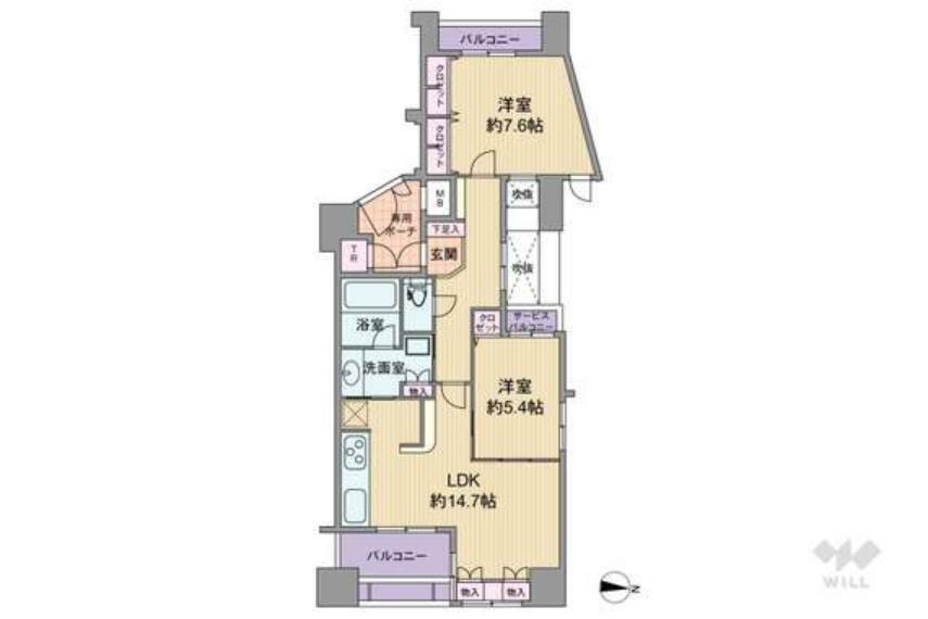間取り図 専有面積66.27平米の2LDK。プライベートスペースとパブリックスペースを分けて使いやすいセンターインのプラン。個室はどちらも洋室仕様で、LDKと隣接する洋室はリビングとつなげて使うこともできます。