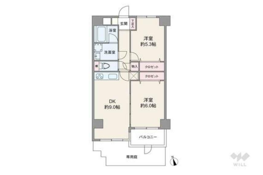 間取り図 間取りは専有面積48.33平米の2DK。バルコニー・専用庭付きプラン。個室はどちらも洋室仕様で、1部屋はDKとつなげてリビング代わりに使うこともできます。