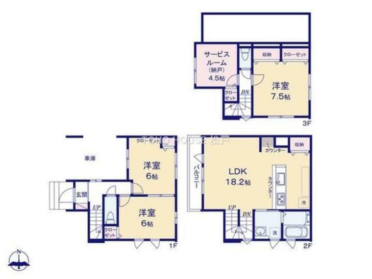 間取り図 1階の12帖主寝室はご家族に併せて2部屋としてご利用も可能でございます！2階LDKは陽当たりも良好、スタディカウンター付きでリモートワークにもご利用可能です！