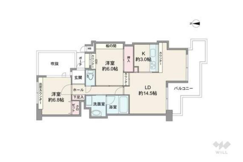 間取り図 間取りは専有面積75.68平米の2LDK。LDK約17.5帖の横長リビングのプラン。バルコニー面積は12.38平米です。