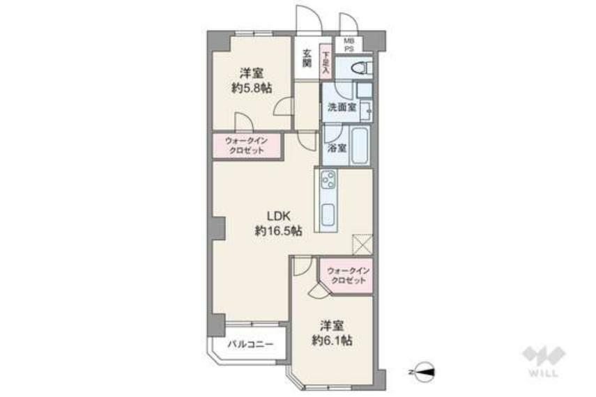 間取りは専有面積62.16平米の2LDK。LDK約16.5帖、室内廊下が短く居室スペースを広く取ったプラン。全室洋室仕様で、全部屋にウォークインクロゼット付き。バルコニー面積は3.67平米です。