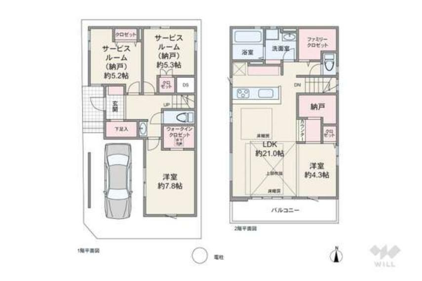 間取り図 間取りは延床面積117.53平米（車庫面積約13平米含む）の2LDK＋2S。