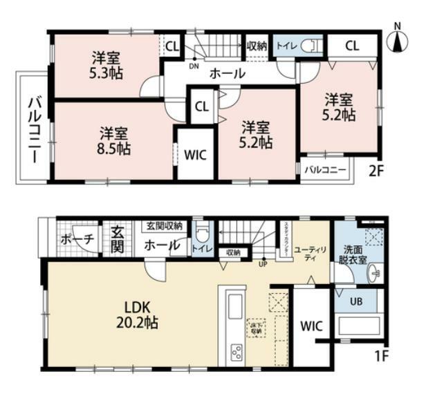 間取り図 1階は広々20.2帖のLDK（ユーティリティ含む）に、大容量のWIC付き＾＾ 2階には全居室収納付きの4洋室＾＾