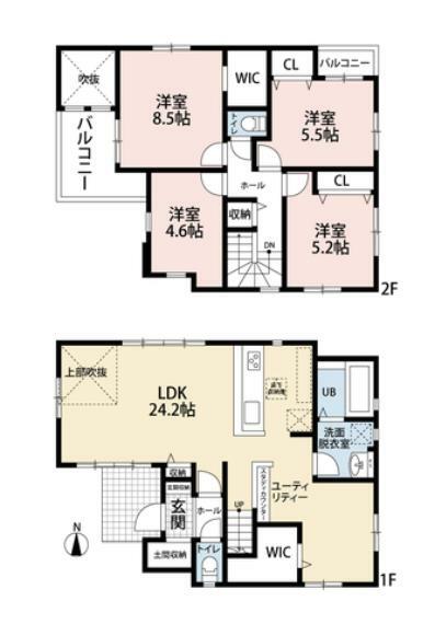 間取り図 1階は3面採光を確保した広々24.2帖のLDK（ユーティリティ含む）＾＾ 2階には4洋室、バルコニーは2ヶ所＾＾