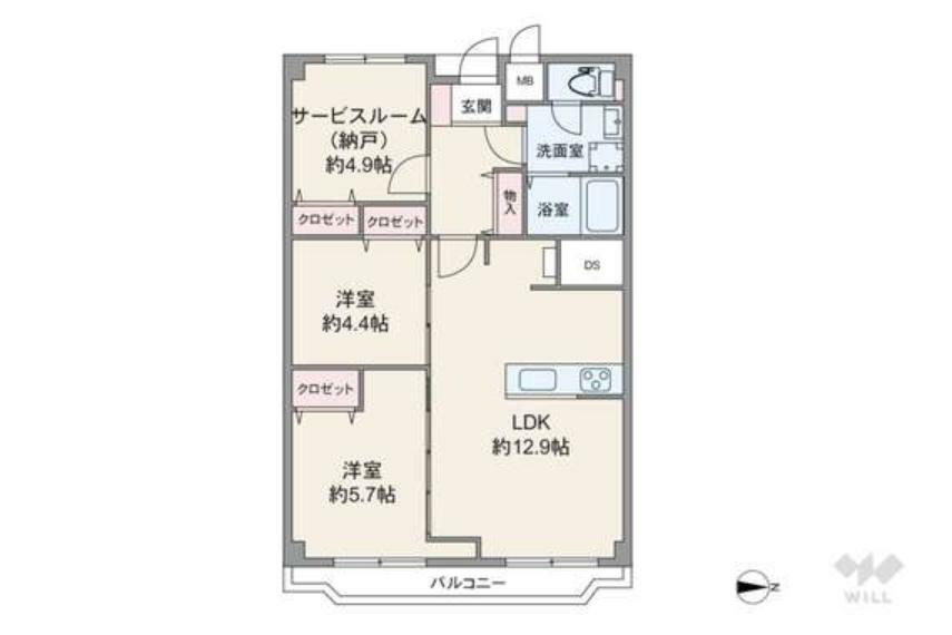間取り図 間取りは専有面積64.48平米の2SLDK。全居室洋室仕様の縦長リビングプラン。個室3部屋中2部屋はLDKから出入りします。バルコニー面積は6.11平米です。