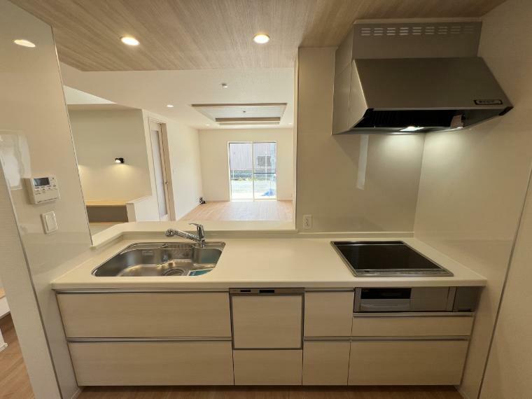 キッチン 食器洗浄乾燥機、浄水器を搭載したリビングを一望できる対面式システムキッチン