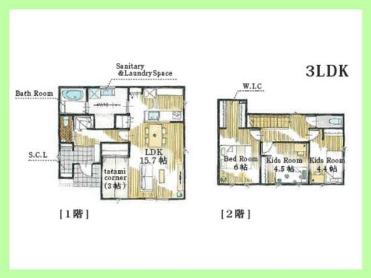 間取り図 3LDK。土地181.52平米（約54.90坪）建物93.16平米（約28.17坪）。収納豊富な全室収納付き。15.7帖のLDKは、ご家族が自然と集まる空間です。