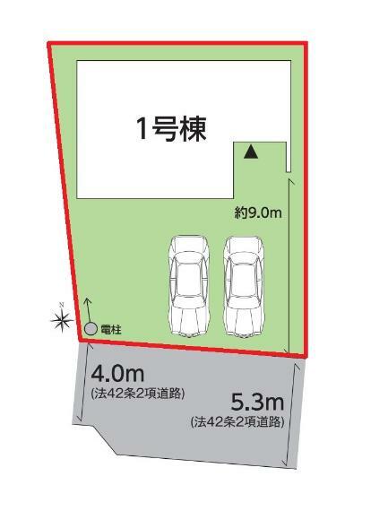 区画図 【1号棟区画図】土地面積168.74平米（51.04坪）・駐車3台可能（車種によります）