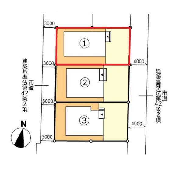 区画図 【1号棟区画図】土地面積135.68平米（41.04坪）・駐車3台可能（車種によります）