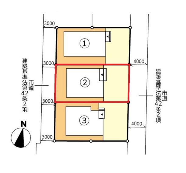 【2号棟区画図】土地面積134.87平米（40.79坪）・駐車3台可能（車種によります）