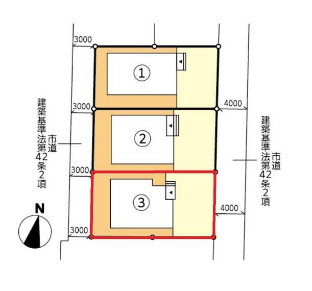 区画図 【3号棟区画図】土地面積137.88平米（41.70坪）・駐車3台可能（車種によります）