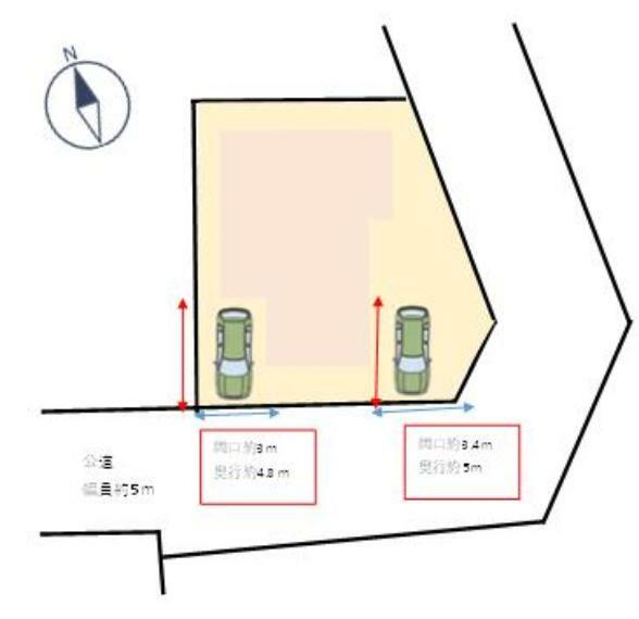 区画図 【配置図】駐車場の拡幅工事を行い、普通車2台駐車可能にしました。角地のお家です。