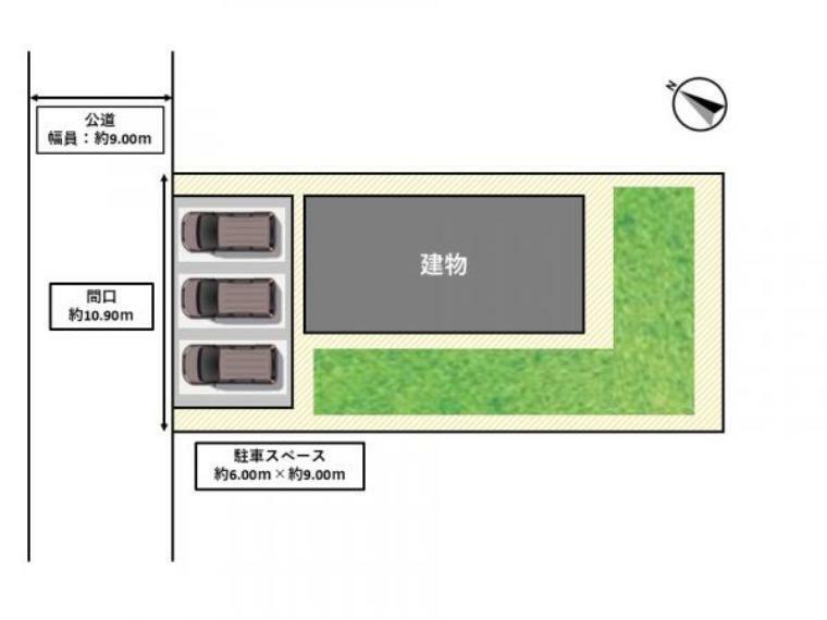 区画図 【敷地配置図】住宅前面に3台駐車可能（車種による）。住宅後面に庭あり。