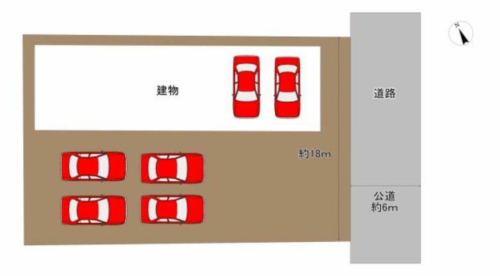 区画図。ガレージ内も合わせて6台駐車可能です。お車が多い方でも安心ですね。