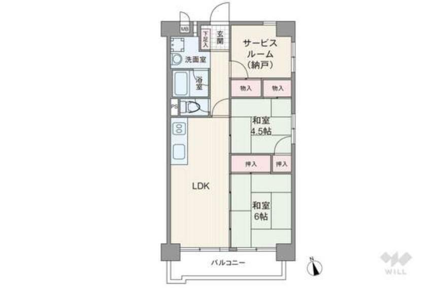 間取り図 LDKと和室2部屋が続き間になった縦長リビングのプラン。バルコニー側の和室は、LDKとつなげてリビングの延長部分として使うこともできます。全個室に収納あり。バルコニー面積は7.98平米です。