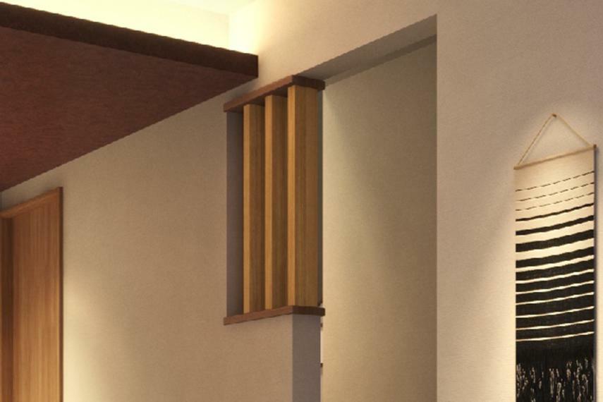 居間・リビング 【半柱】  抜け感のある半柱は、開放的な空間を演出することができます。木目の柔らかな質感が、室内のアクセントにもなります。※号棟により採用状況が異なります。